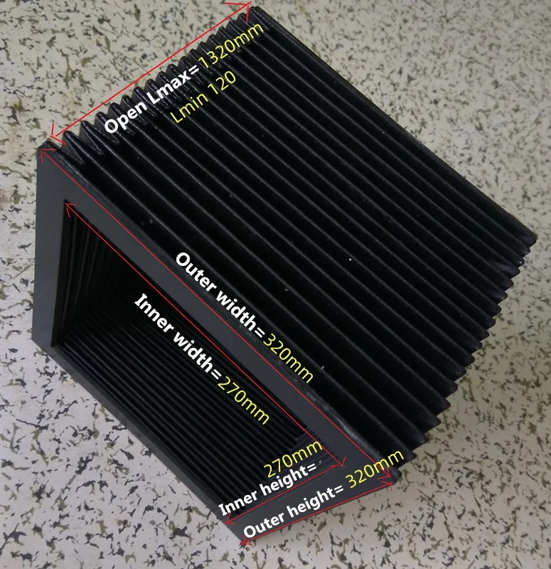 T5 square CNC protection bellows internal 270mm x 270mm,Lmax 1320mm