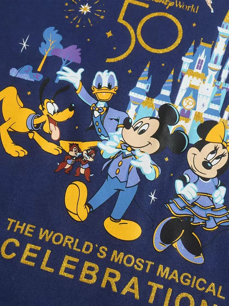 Disney T-Shirt 2023 New Minnie Mickey Mouse 50th Anniversary Disney World Castle Letter Cartoon Print Women Short Sleeve Tee Top