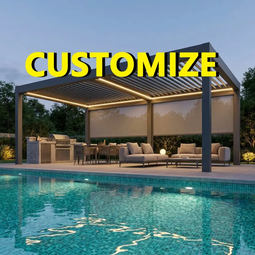 Any Size Custom Remote Bioclimatic Pergola Thick Aluminum Bracket Anti Deform Waterproof Yard Lamp Installed Sunroom Shelter