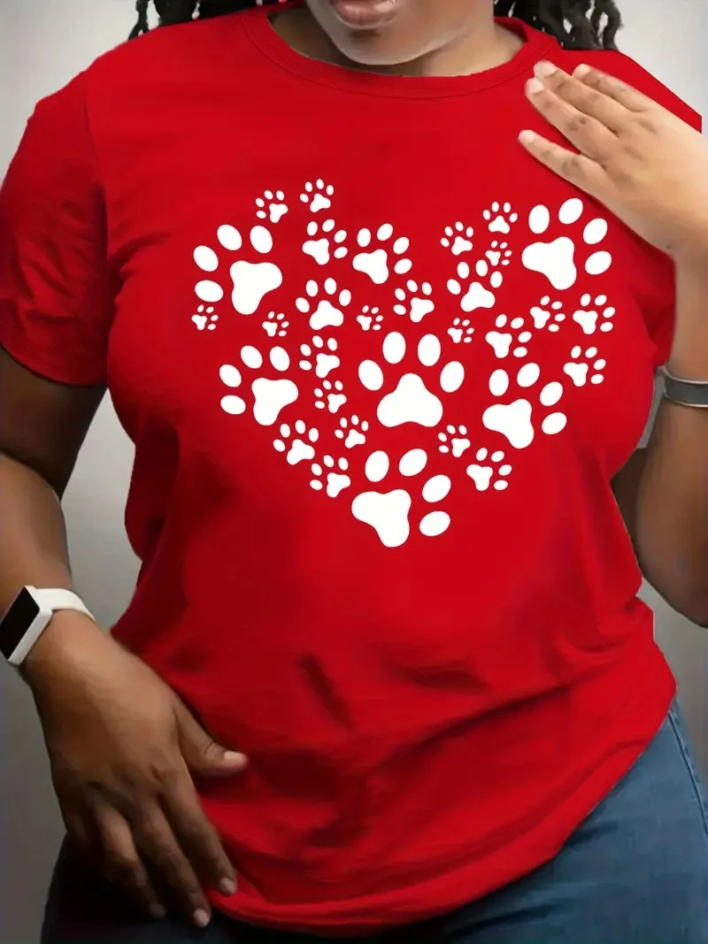 Camiseta casual de talla grande con cuello redondo para mujer con diseño de estampado de corazón y pata de amor, top de moda para todas las estaciones
