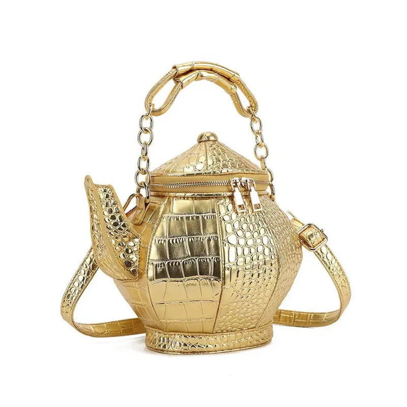 2025 new gold crocodile print creative Chinese style teapot teapot shape female bag cross shoulder crossbody bag