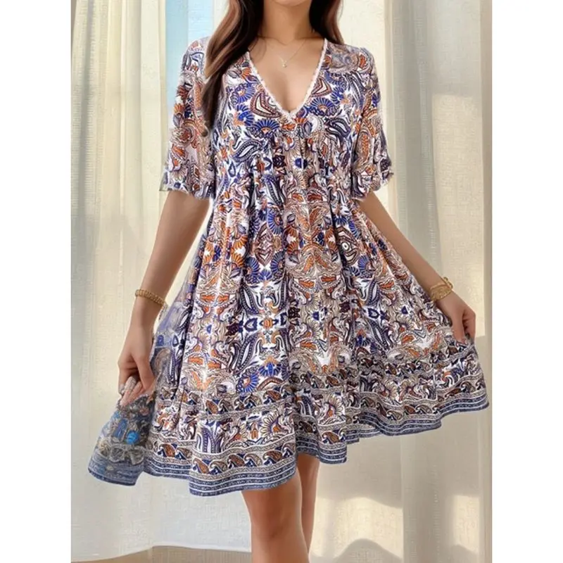 Combhasaki Minivestido corto de verano para mujer, manga corta, cuello en V, estampado floral estético, corte holgado, corte en A, para citas diarias informales