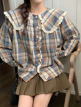Jmprs Retro Ruffles 격자 무늬 셔츠 여성 달콤한 느슨한 긴 소매 일본 블라우스 캐주얼 프레피 스타일 피터팬 칼라 우아한상의