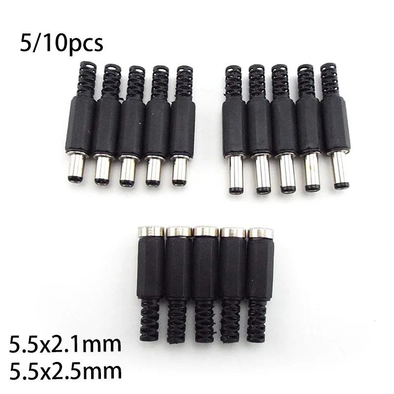 5/10 pces dc fêmea macho fonte de alimentação conectores 5.5mm x 2.1mm 5.5x2.5mm fêmea macho jack soquete adaptador fio 5525 5521