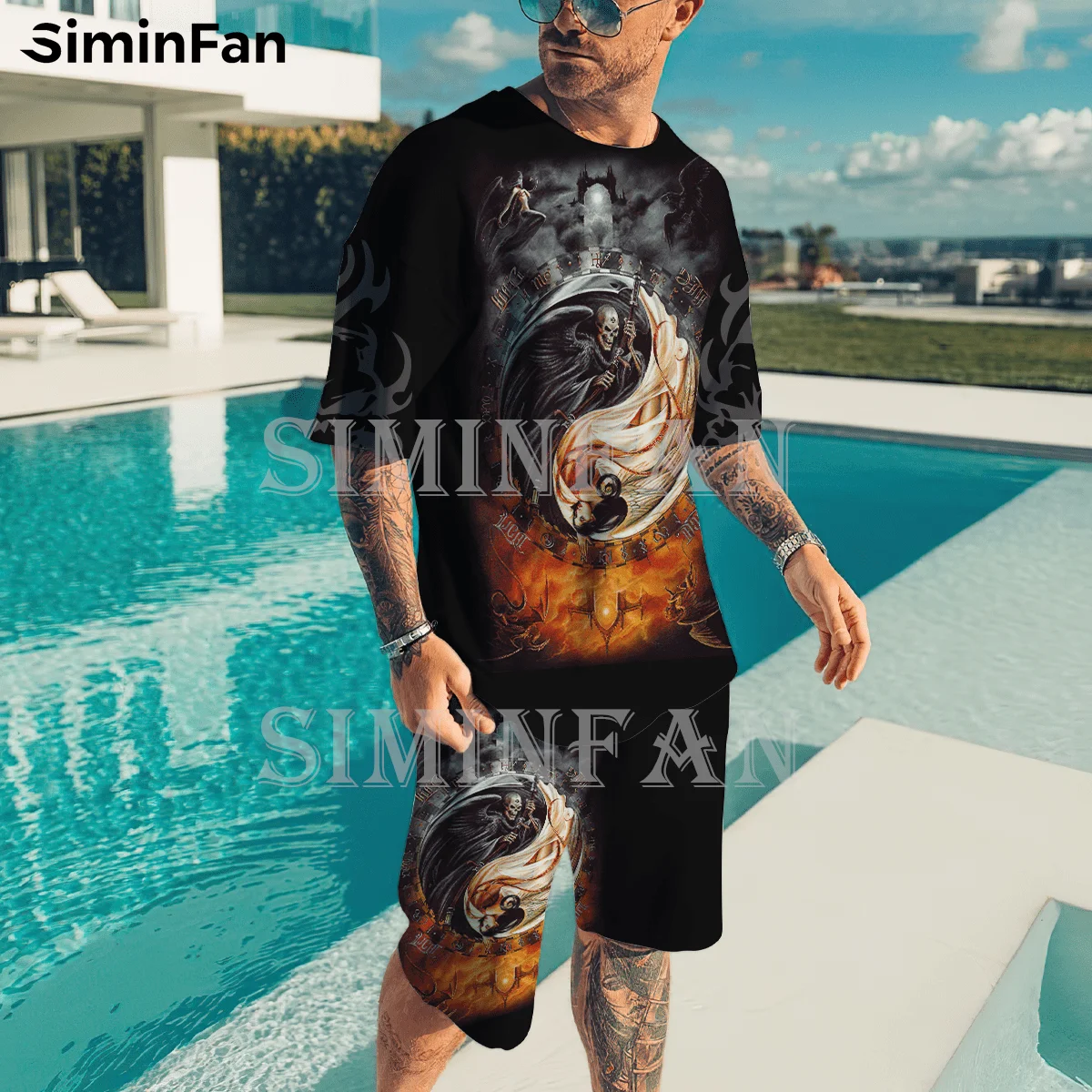 Reaper Skull Yin Yang 3D Printed Mens T-Shirts Beach Shorts Set Summer Male Suit Tracksuit Two-Piece Sportswear Casual Tees Tops