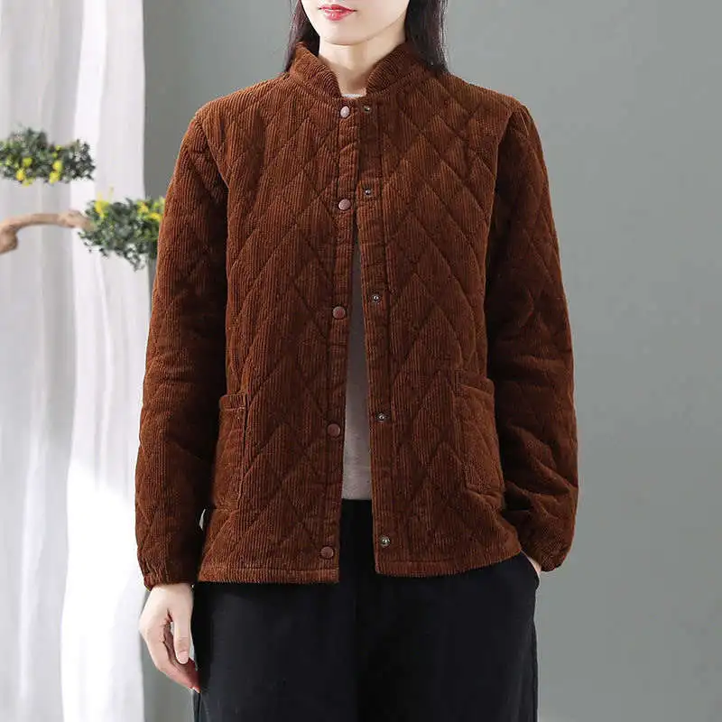 Cappotto in cotone da donna Parka Cappotto in velluto a coste retrò Colletto rialzato in cotone Giacca autunno inverno Mantieni caldo soprabito corto in cotone