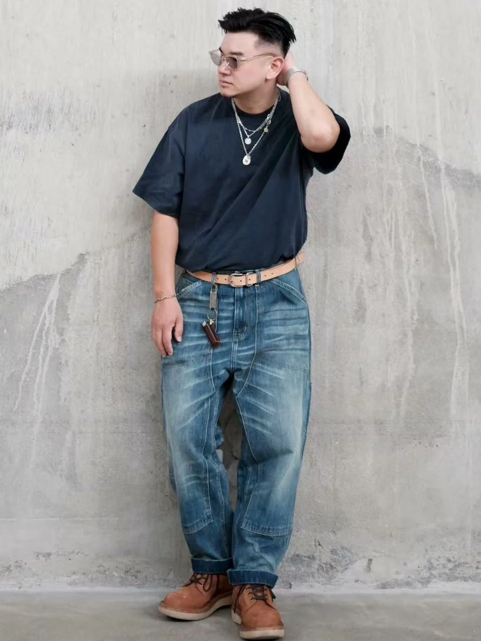 

Reignite25ss Washed Outdated Long Jeans Loose Fit Denim Patch Knee Railway Logging Japanese Style Men's Autumn Cotton Jeans
