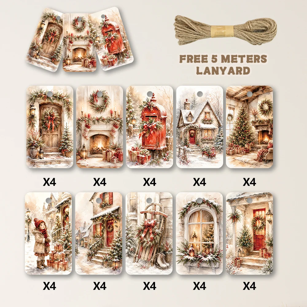 40pcs, Gift Tags, Vintage Watercolor Christmas, Hanging Paper Labels for Gift Wrapping, Holiday Party Decor with String