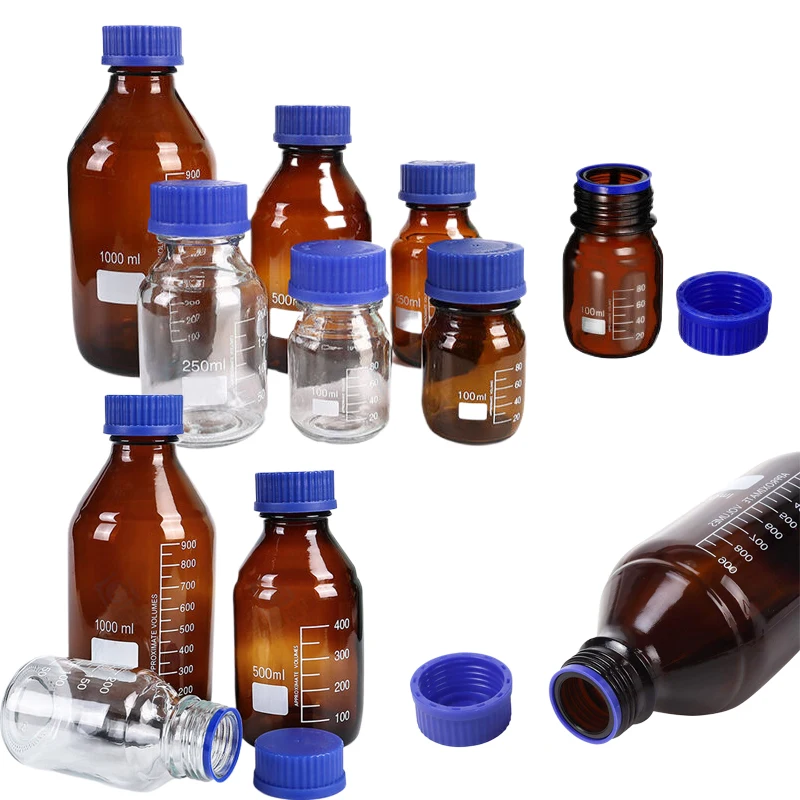 1 szt. 25 ml-1000 ml okrągłe szklane butelki do przechowywania odcinków niezawierających wysokiej zawartości boru z niebieskimi zakrętkami GL45 do płynów laboratoryjnych odczynnik wody
