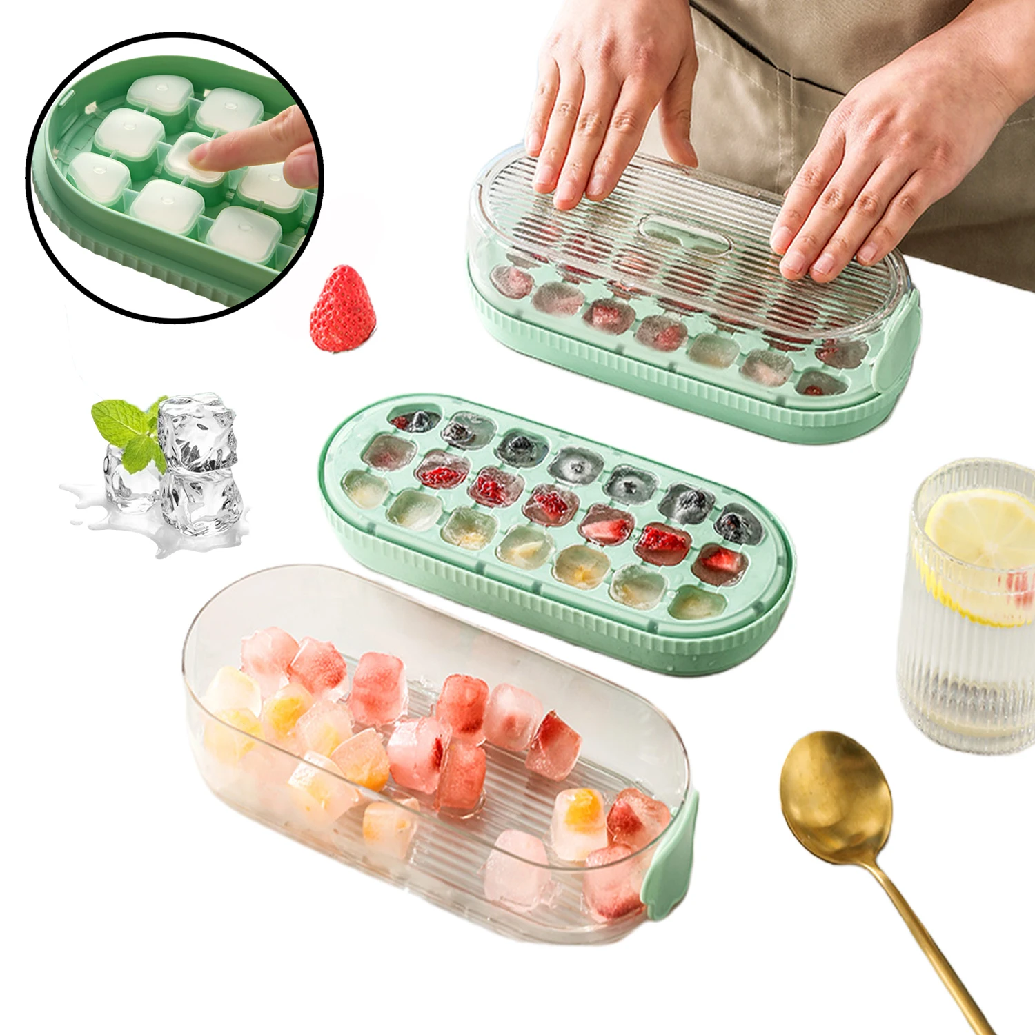 Eiswürfel schalen form mit 21 Gittern und Presse zum einfachen Lösen, einschl ießlich Behälter zur Eis lagerung-Küchen eismaschine und Aufbewahrung sbox
