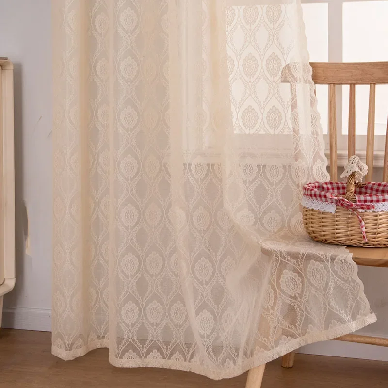 American Jacquard Voile Window Screen Transparent Curtains for Living Room Restaurant Soft Comfortable Perforated Curtain Panel