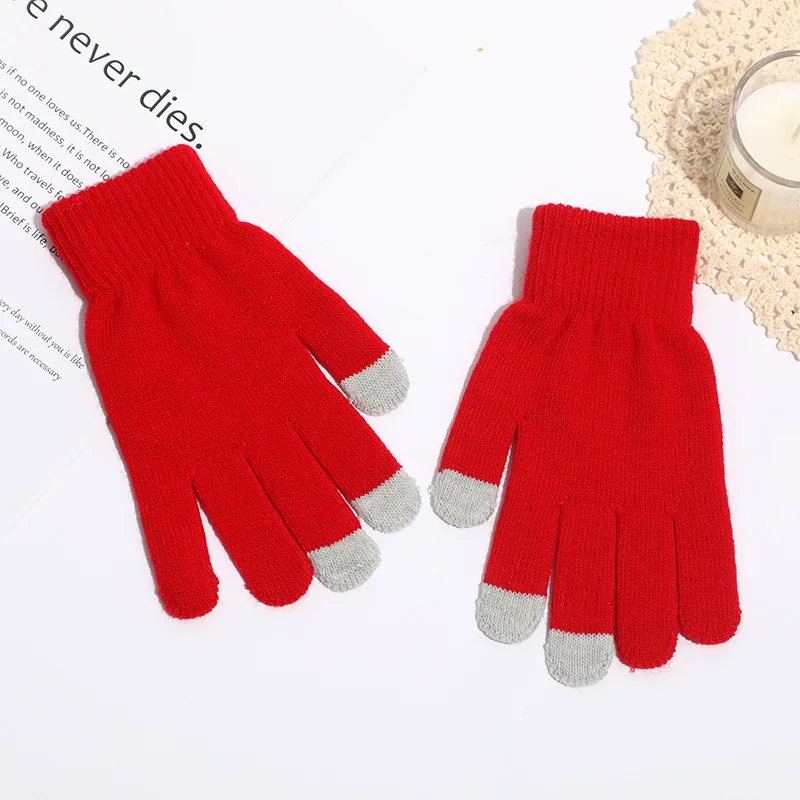 متعدد الألوان الاكريليك ثلاثة أصابع لمس قفازات الخريف الشتاء الدافئة سميكة قفازات الدراجات محبوك خمسة أصابع قفازات #6