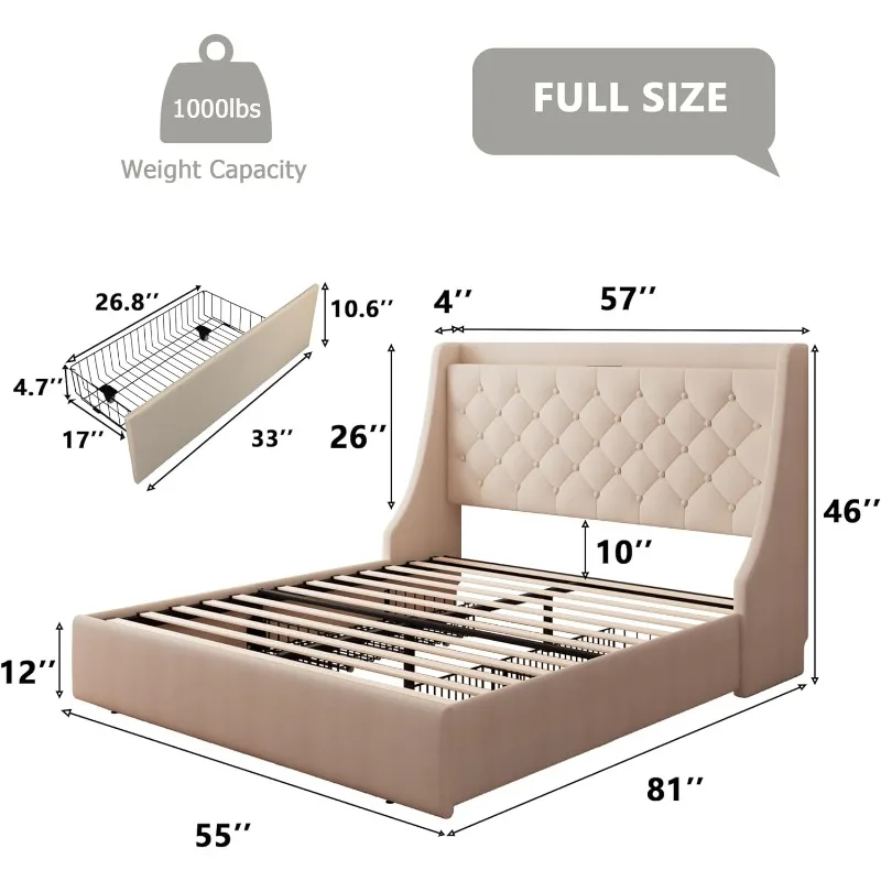 Upholstered Full Size Bed Frame with 4 Storage Drawers, No Box Spring Needed, Easy Assembly, Beige