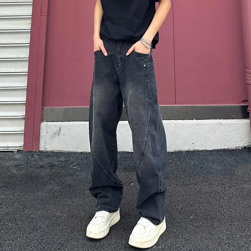 Summer Korean Men'S Curved Knife Jeans High Street Retro Large Pocket Straight Tube Micro Flared Pants Casual Loose Denim Pants