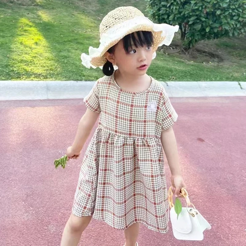 Summer Girls Casual Dresses Baby Girls Round neck Dress Birthday Party Checkered A-LINE Princess Dress Kids Clothing for 2-12Y