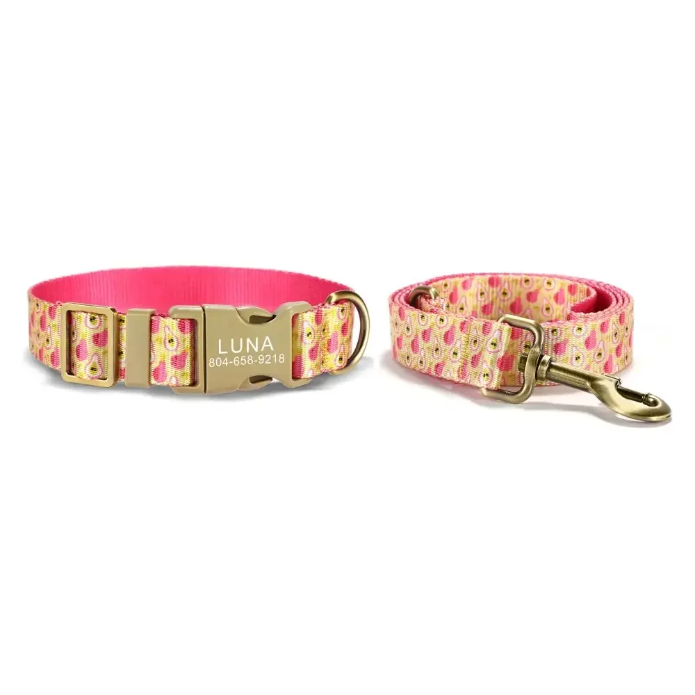 

Personalized Pet Collar, Customized Nameplate ID, Adjustable Pink Pear, Soft Fiber, Cat and Dog Collars, Lead Leash