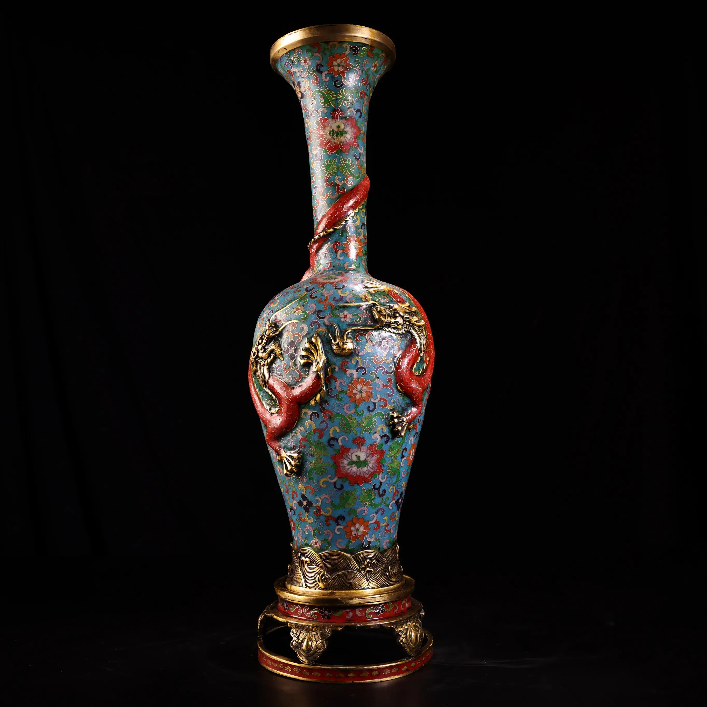 Vintage Chinese Cloisonne Enamel Vase with Coiled Dragon Gilt Heavy Patina Exquisite Craft