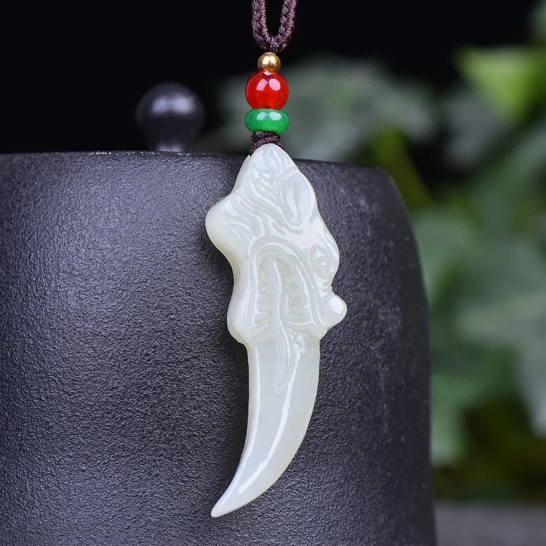 Natural Stone White Jade Dragon Tooth Pendant Necklace Men Women Genuine Hetian Jades Nephrite Wolf Tooth Charms Lucky Amulets