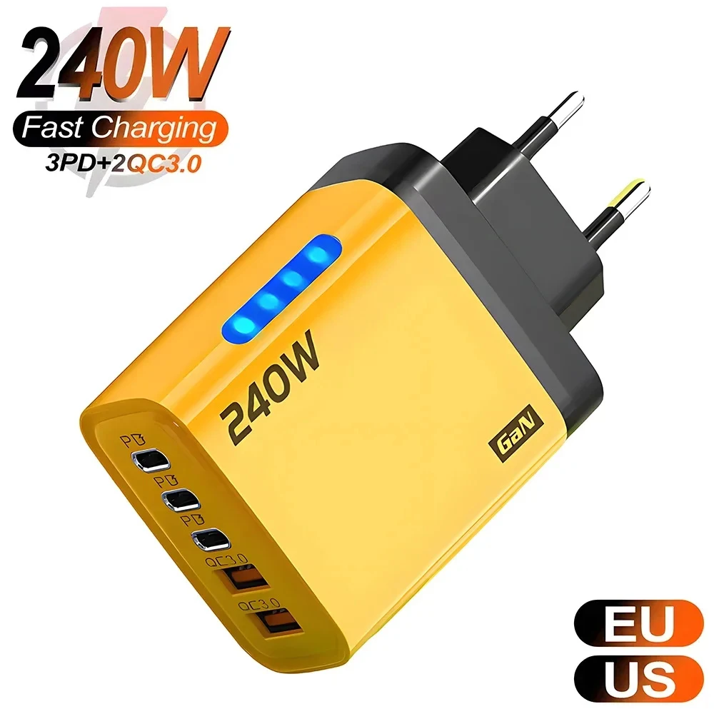 

Multi Port 240W GaN USB C Fast Charger 5 Ports QC3.0 PD Wall Adapter EU US UK Plug for iPhone Samsung Xiaomi Huawei USB Charger