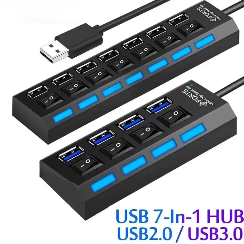 Hub USB 2.0 de Alta Velocidade com 4/7 Portas, Adaptador Expansor Multi USB com Lâmpada LED e Interruptor para PC e Laptop