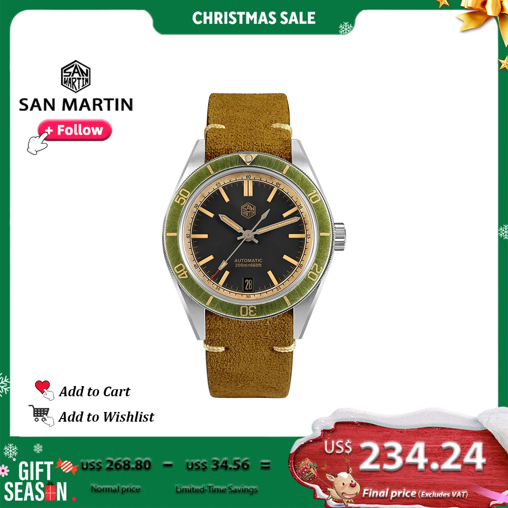 

San Martin 39.5mm Dive Watch Vintage Distressed Effect NH35 Men Automatic Mechanical Watches Waterproof 200m Lume SN0116 Reloj