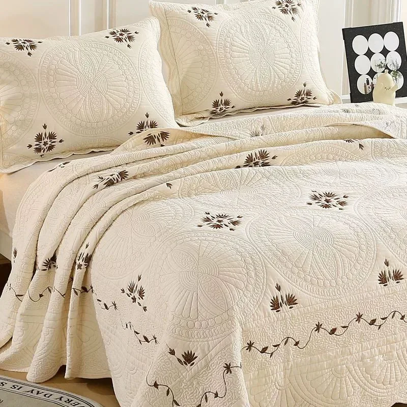 3Pcs Solid Color Quilt Set Vintage Embroidered Cotton Bedspread Reversible Soft Coverlet Blanket for Bedroom Home Decor