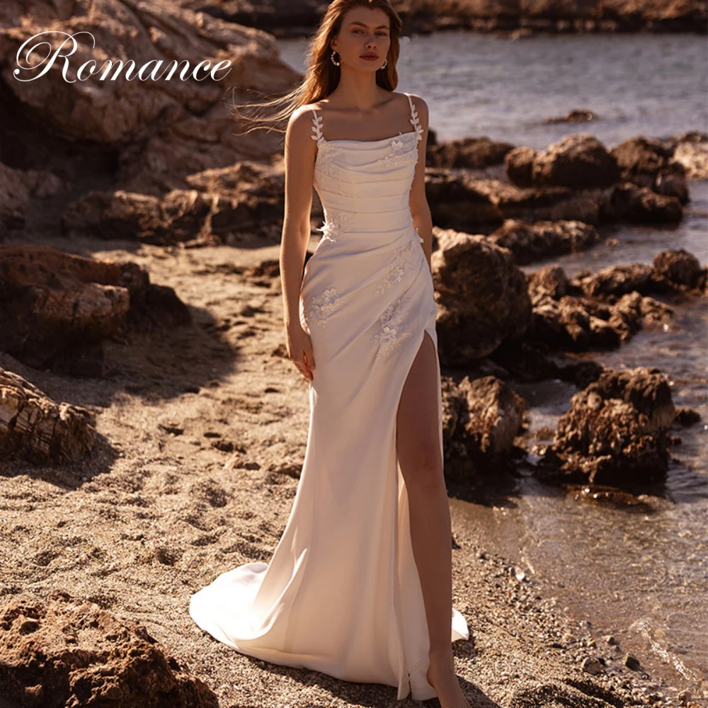 Moderno alças de espaguete apliques sereia vestido de casamento sem alças aberto volta alta fenda lateral botões vestidos de novia personalizado