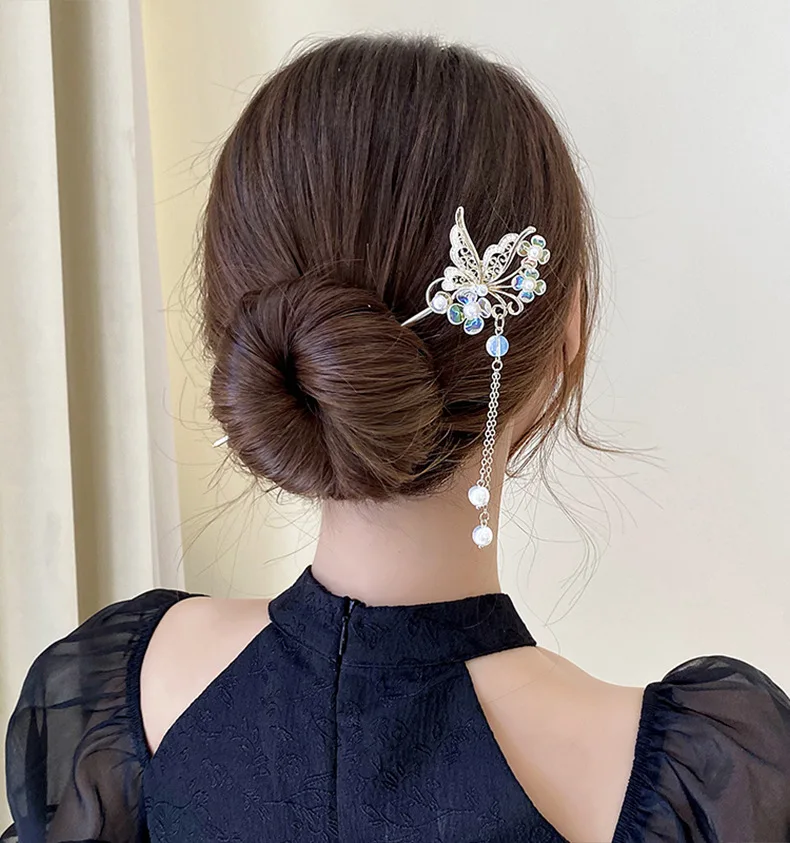 Schmetterlings-Temperament, alter Stil, schwankende Haarnadel, Quaste, Haarschmuck – Detail 1
