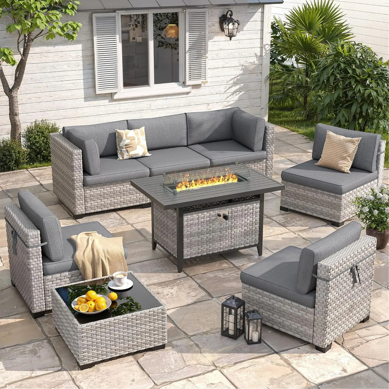 

6-Seat Modern Outdoor Wicker Rattan Patio Furniture Set with 55,000 BTU Fire Pit Table, Thick 4″ Cushions,, Customized