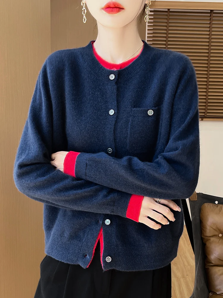 

New Women Preppy Style Wool Cardigan O-neck Long Sleeve Multicolor Cashmere Sweater 100% Merino Wool Knitwear Autumn Winter