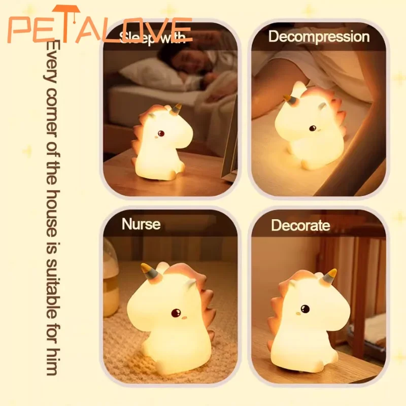 Rechargeable Silicone Patting Lamp Unicorn LED Night Lamp Dimmable Cartoon Animal Bedside Bedroom Mood Light Creative Gift