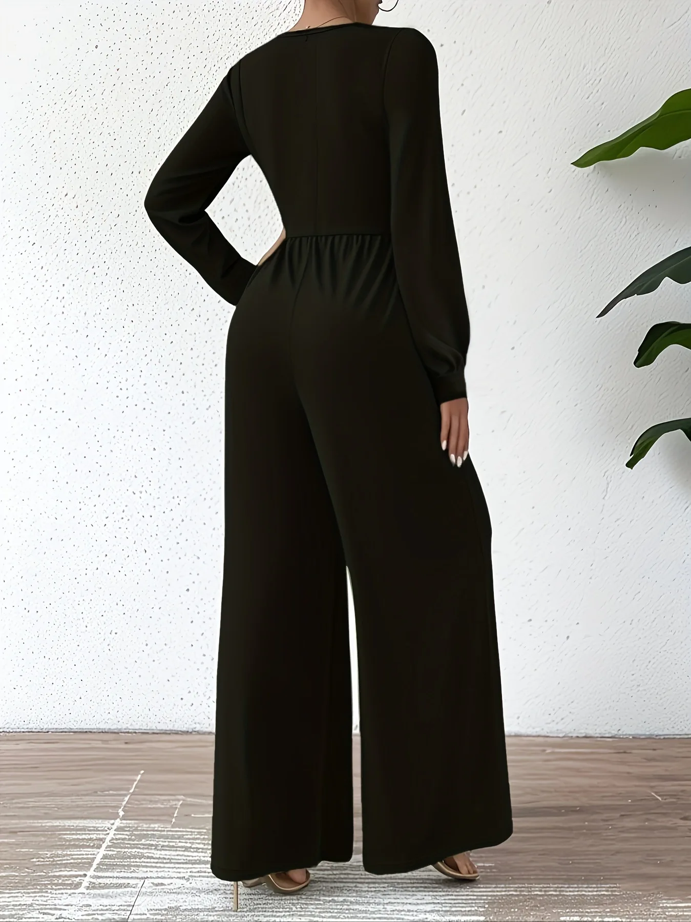 ربيع الخريف أنيقة المهنية ملابس نسائية بذلة موضة بلون الخامس الرقبة طويلة الأكمام Cinched الخصر قطعة واحدة السراويل