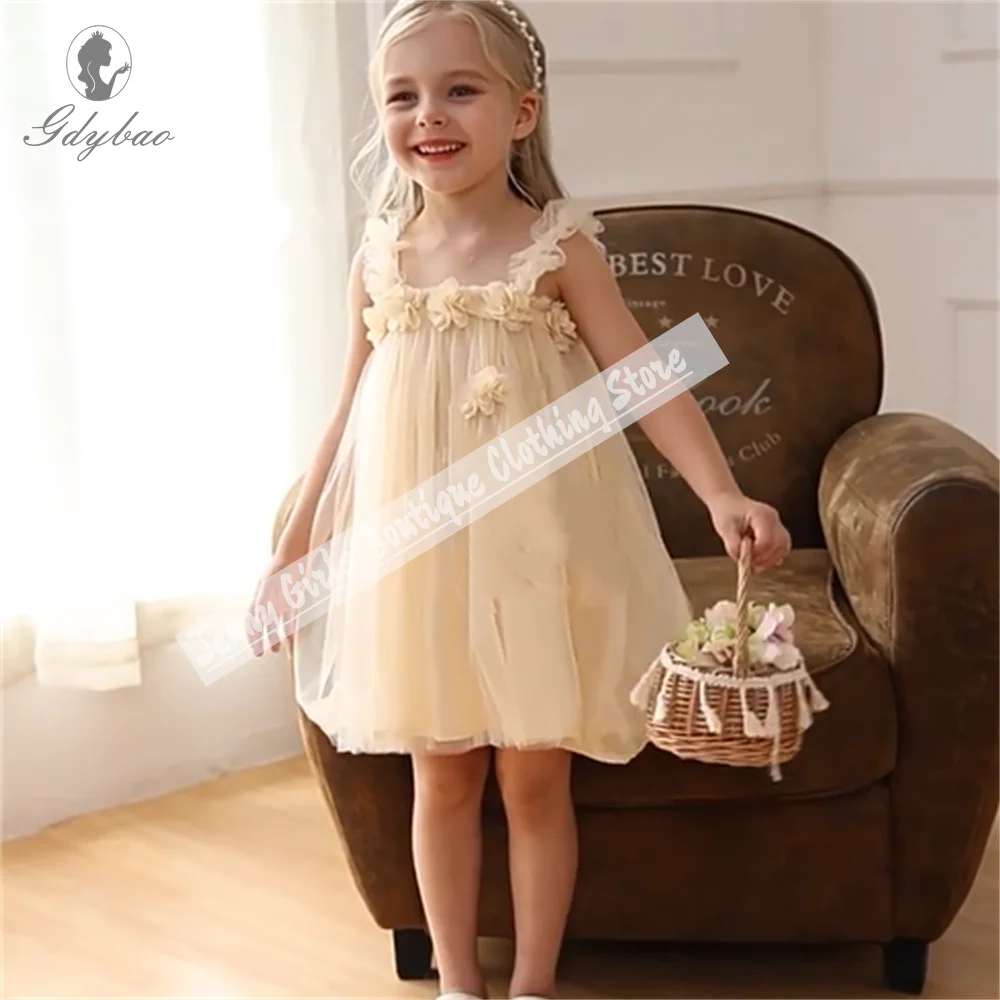 3D Flower Mesh Tulle Baby 2025 Flower Girl Dress For Baptism Birthday Party Beauty Pageant First Communion Summer