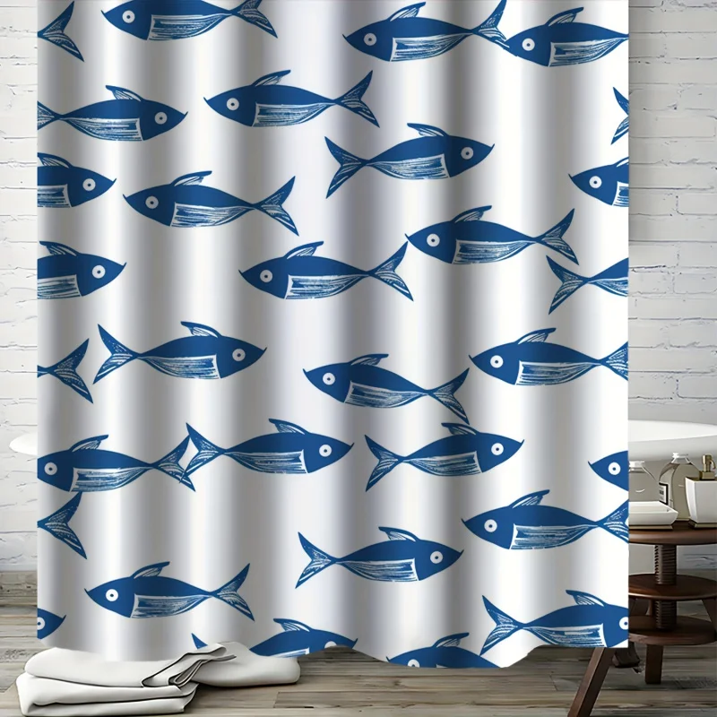 1pc, White and Blue Fish Pattern, Seamless Design Shower Curtain, Waterproof Pattern Shower Curtain, with 12 Hooks, Bathroom Dec