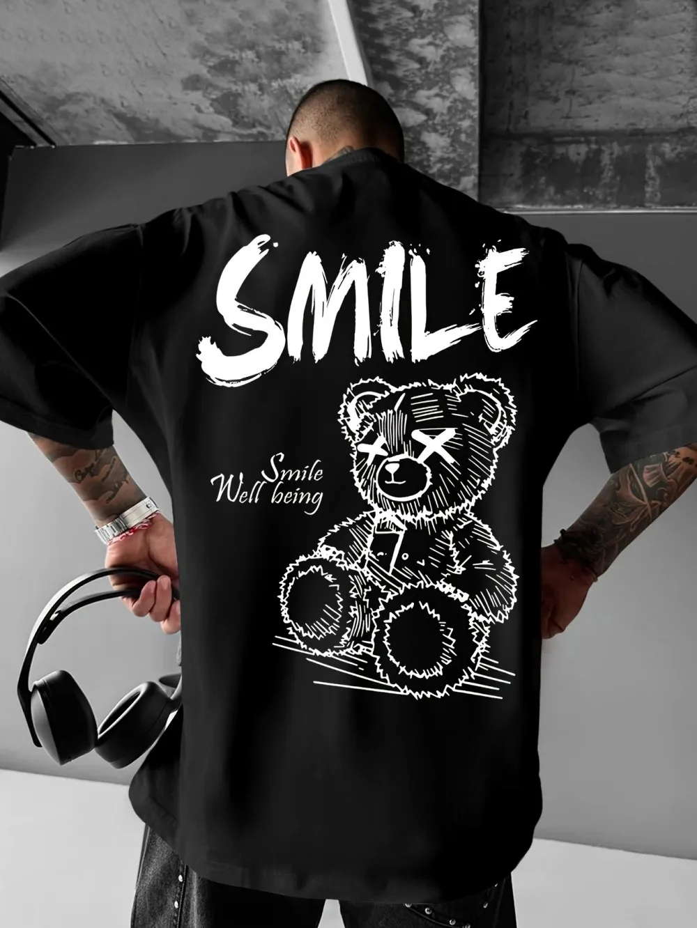 American men's summer gradient teddy bear letter print micro elastic breathable round neck T-shirt outdoor urban casual top