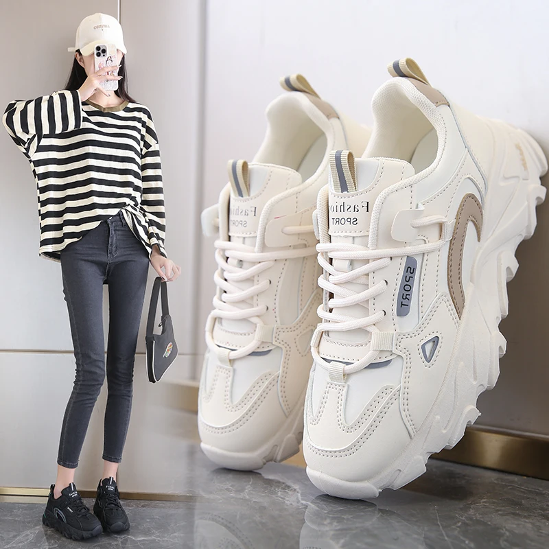 

2025 New Women's Round Toe Lace Up Chunky Platform Sneakers 5.5CM Heel Comfortable Heel Wear Resistant Outsole Casual Shoes