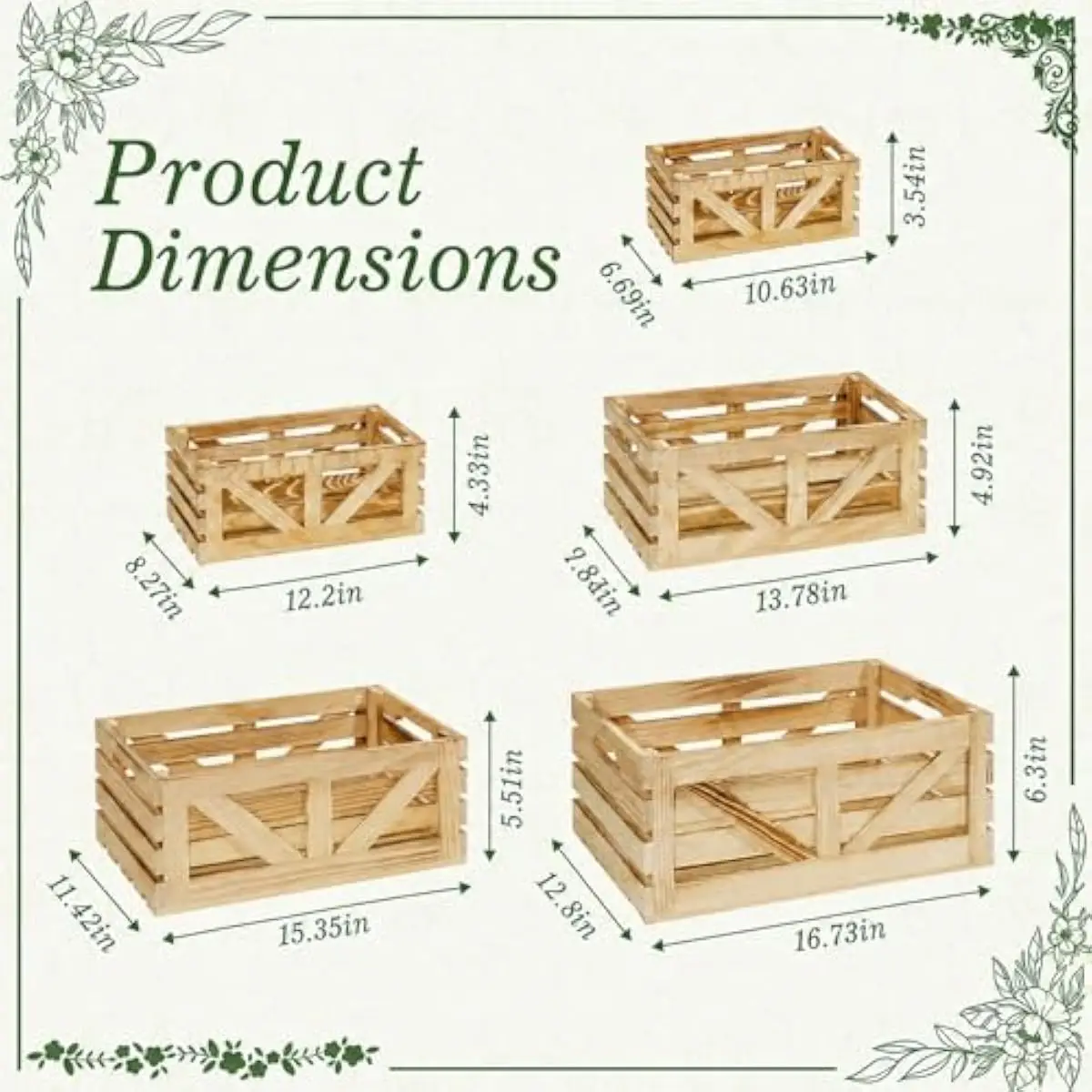 5 versatile nesting wooden crates in graduated sizes for display storage and rustic decor – stackable lightweight slatted pine b