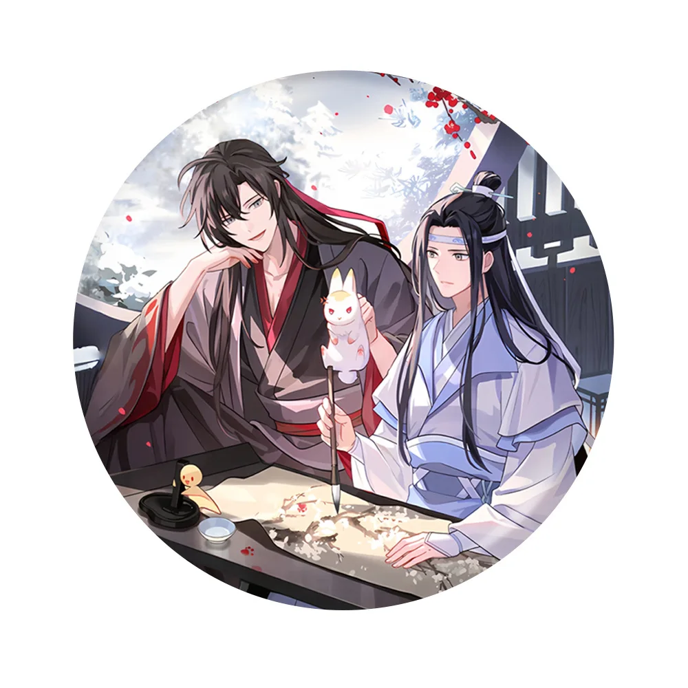 6Pcs set Mo Dao Zu Shi Cosplay Wei Wuxian Lan Wangji Figures 75mm 58mm Badges Brooch Pins Laser Ticket Postcard Keychain Gifts