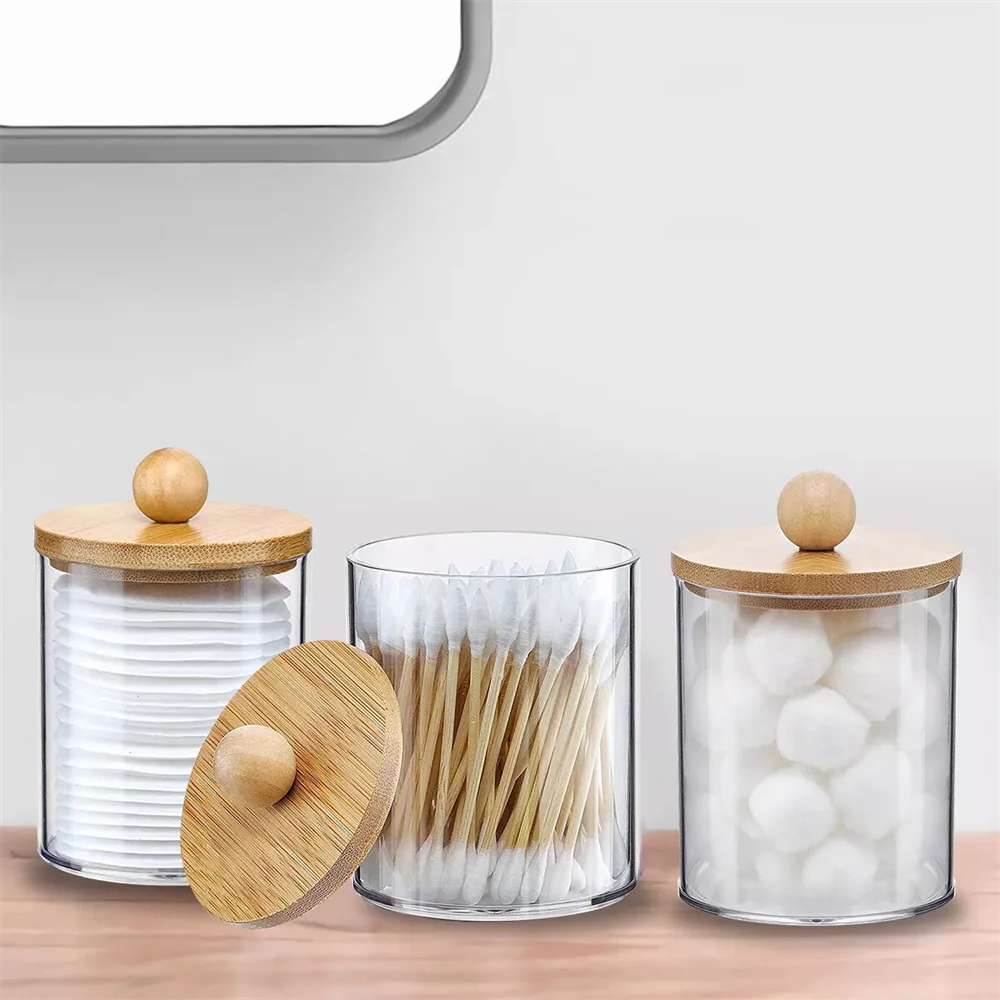 3Pcs Holder Dispenser with Bamboo Lids Clear Acrylic Bathroom Jars with Tray Cotton Swab Storage Dispenser Reusable