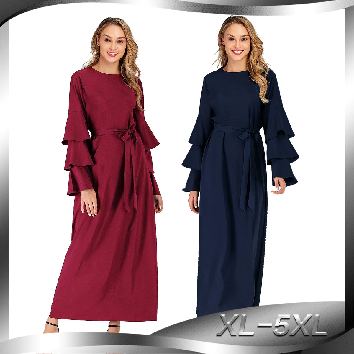 Women Muslim Elegant Abaya Lace-up Multilayer Long Sleeves Round Neck Ladies Dress Middle Eastern Dubai Turkey Solid Daily Robe