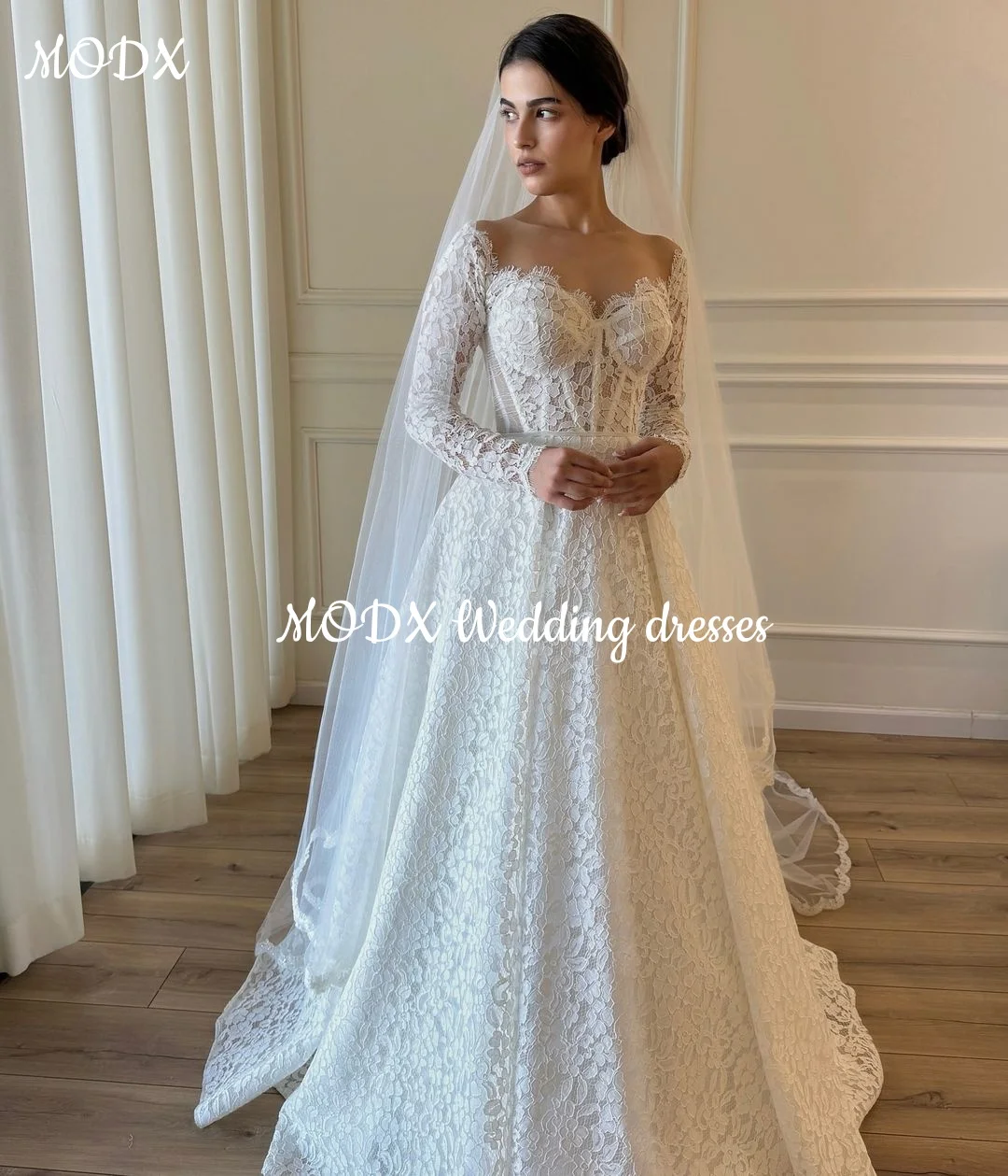 MODX فستان زفاف رائع من الدانتيل الأبيض كلمة على شكل قلب ثلاثية الأبعاد زهرة كم طويل فستان زفاف رسمي vestidos de novia مخصص