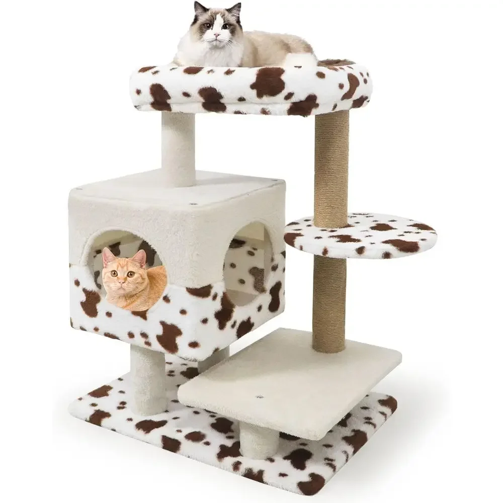 30 Inch Compact Cat Tower with Jute Scratching, 2-Door Condo, Padded Perch, Jumping Platforms, Cow Print Design