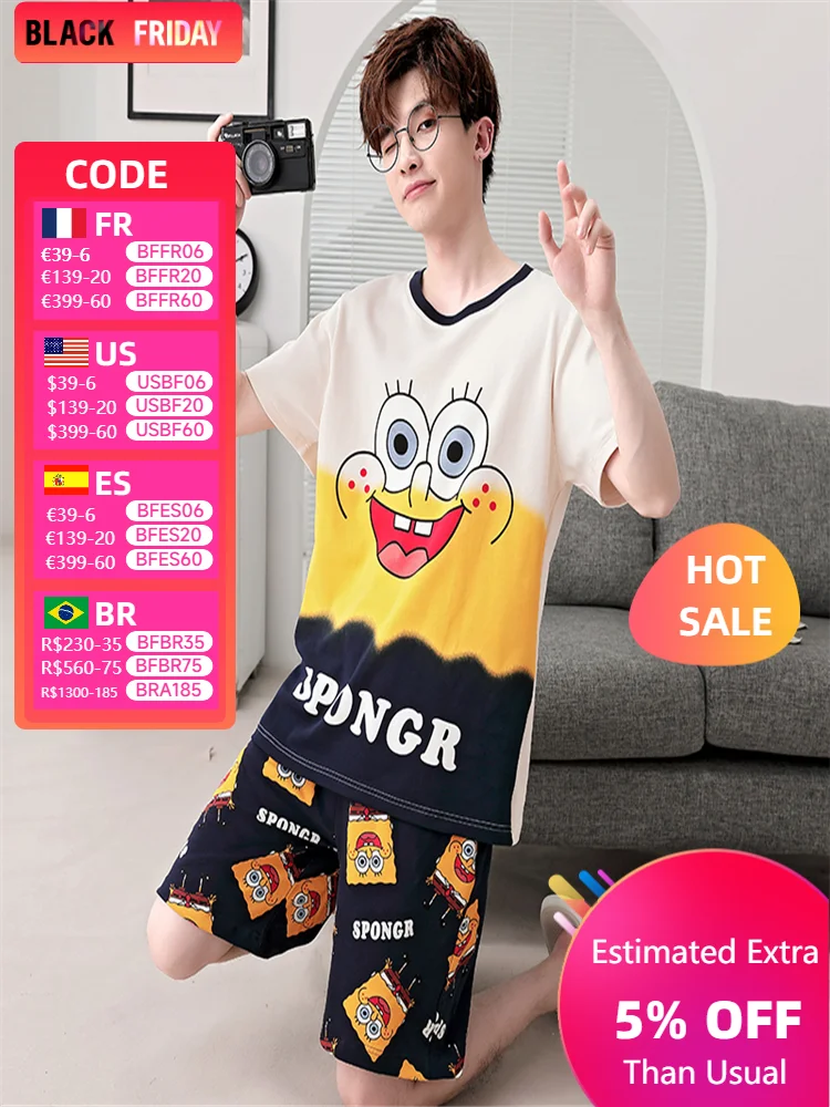 Summer Two Pieces Men's Pajamas Set Boys  Comfortable Short Sleeve Loose Sleepwear Leisure Suit Men's Homewear Cute Pajama Sets