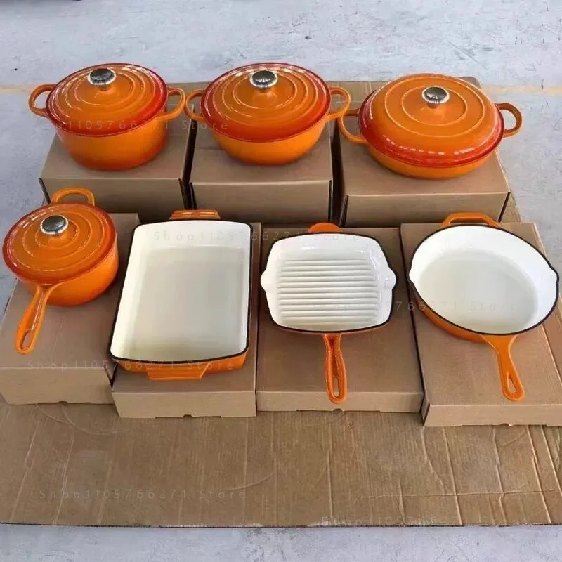 7-Piece Cast Iron Enamel Dutch Oven Set Kitchen Casserole Soup Stock Pots Pans Cookware