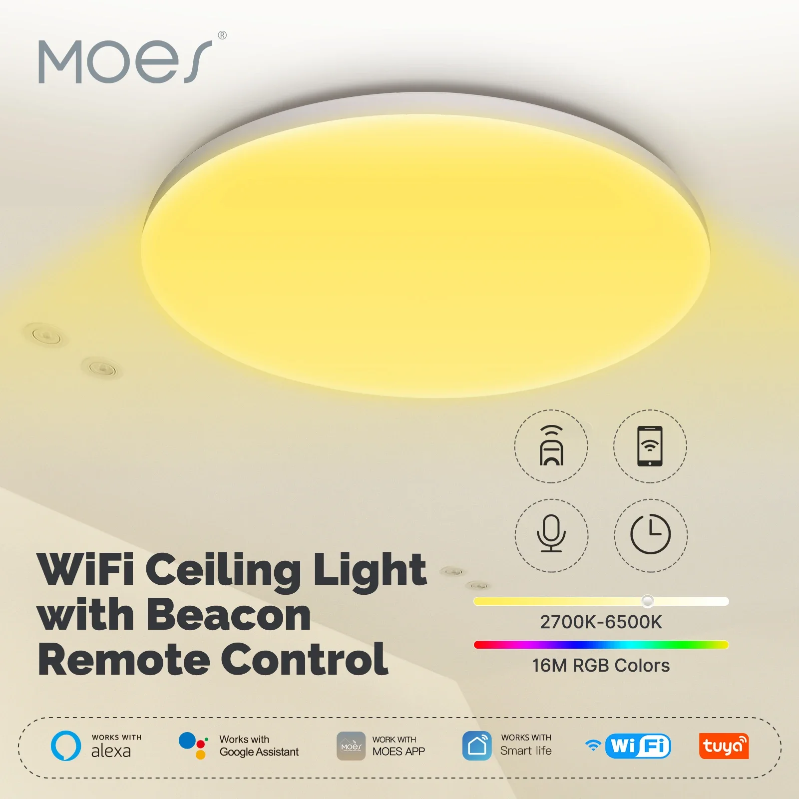 MOES Tuya 24W WiFi plafoniera lampada intelligente Bluetooth con telecomando faro funziona con Alexa Google Home