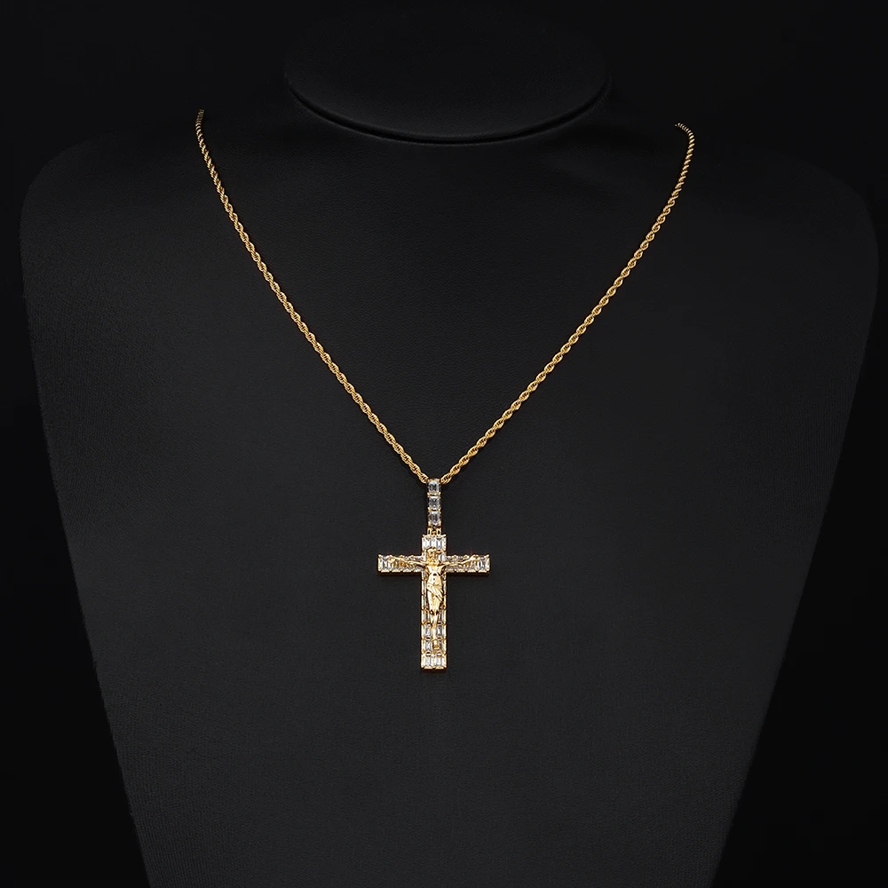 ESKEEM 5A Rectangle CZ Zircon Bling Iced Jesus Cross Pendant Necklace Men Women Religious Fashion Hip Hop Jewelry Party