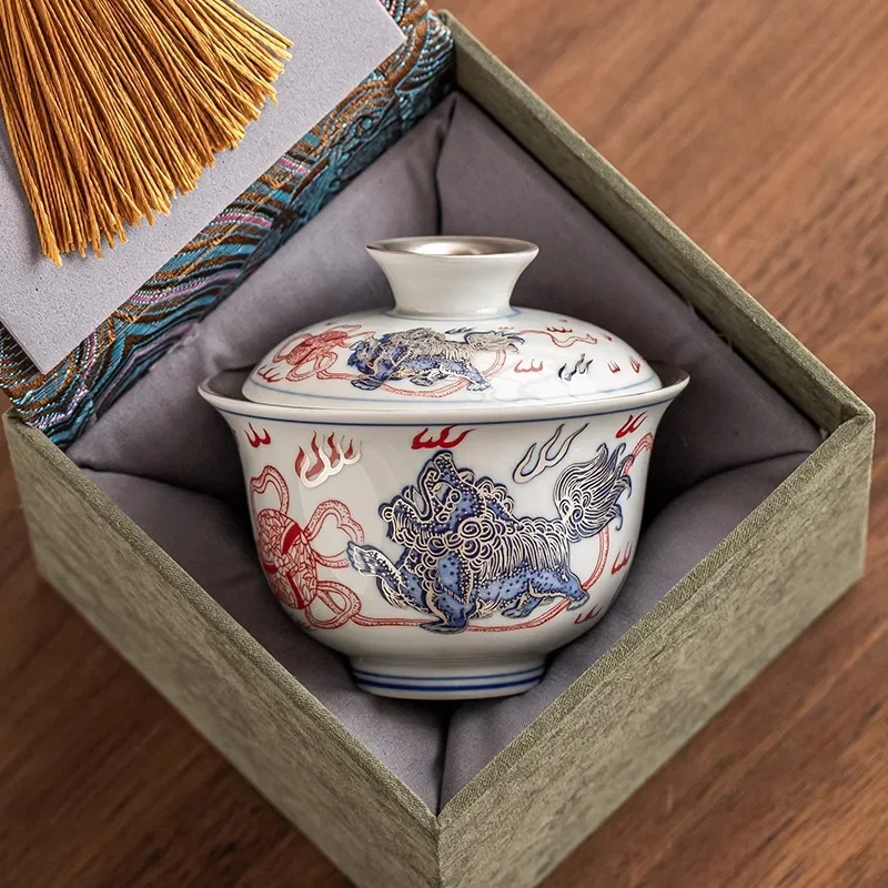 1Pc 100ML Handamde 999 Sterling Silver Gilded Gaiwan Chinese Lion Awakening Tea Tureen Tea Maker Cover Bowl Tea Items Collection