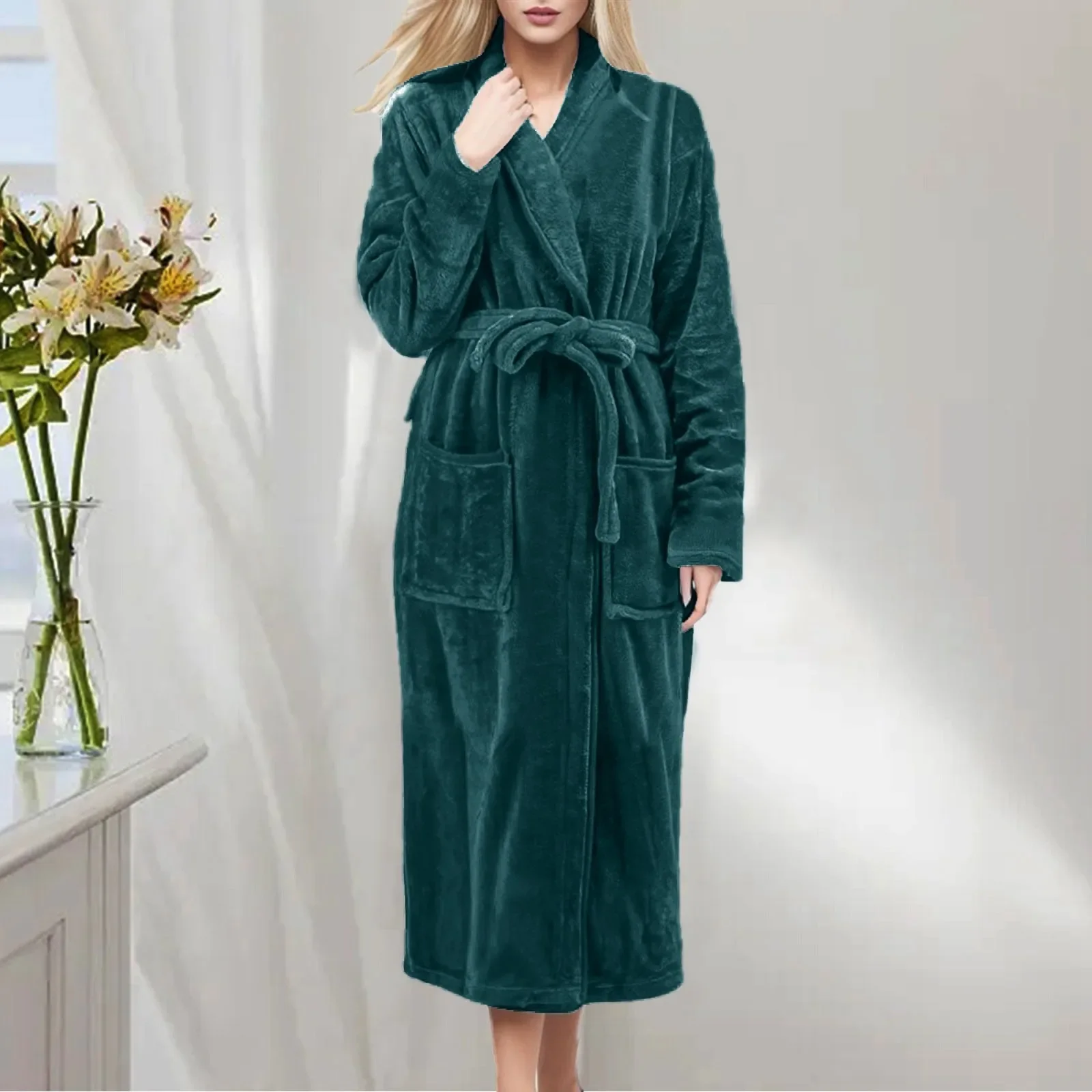 

Women Coral Fleece Bathrobe Solid Color Winter Sleepwear For Female Long Sleeve Pocket Belt Cardigan Flannel Nightgown