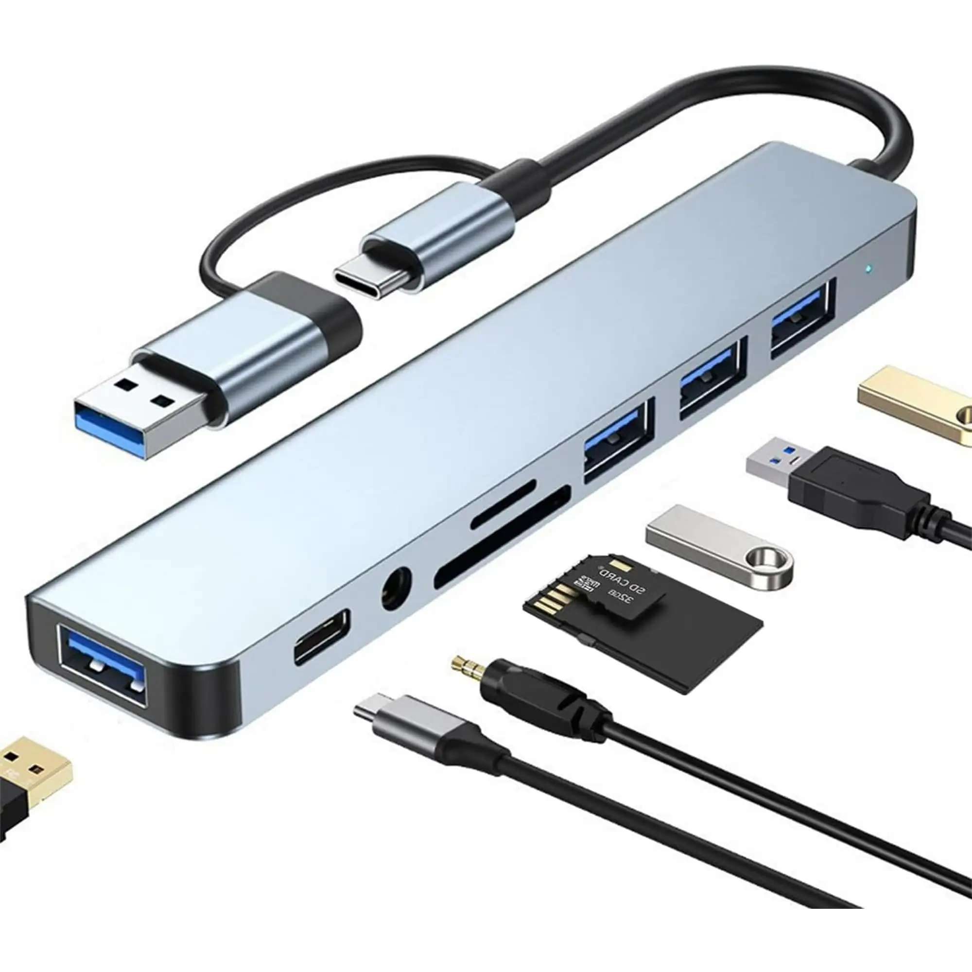 8 في 1 USB C Hub Splitter 4 منافذ USB 1 USB-C Jack TF/SD قارئ بطاقات 3.5 ملم مخرج صوت مع MacBook Pro وiPad Pro وأجهزة الكمبيوتر المحمولة
