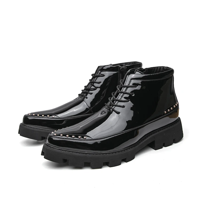 Men Patent Leather Ankle Boots Thick Sole Height Increase Rivet Decor Lace Up Side Zipper Combat Boots Men Casual Leather Shoes